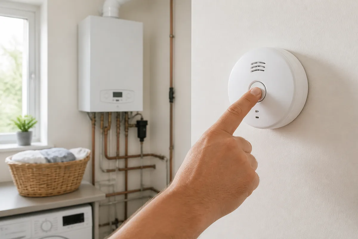 Main appuyant sur le bouton de test d’un détecteur de monoxyde