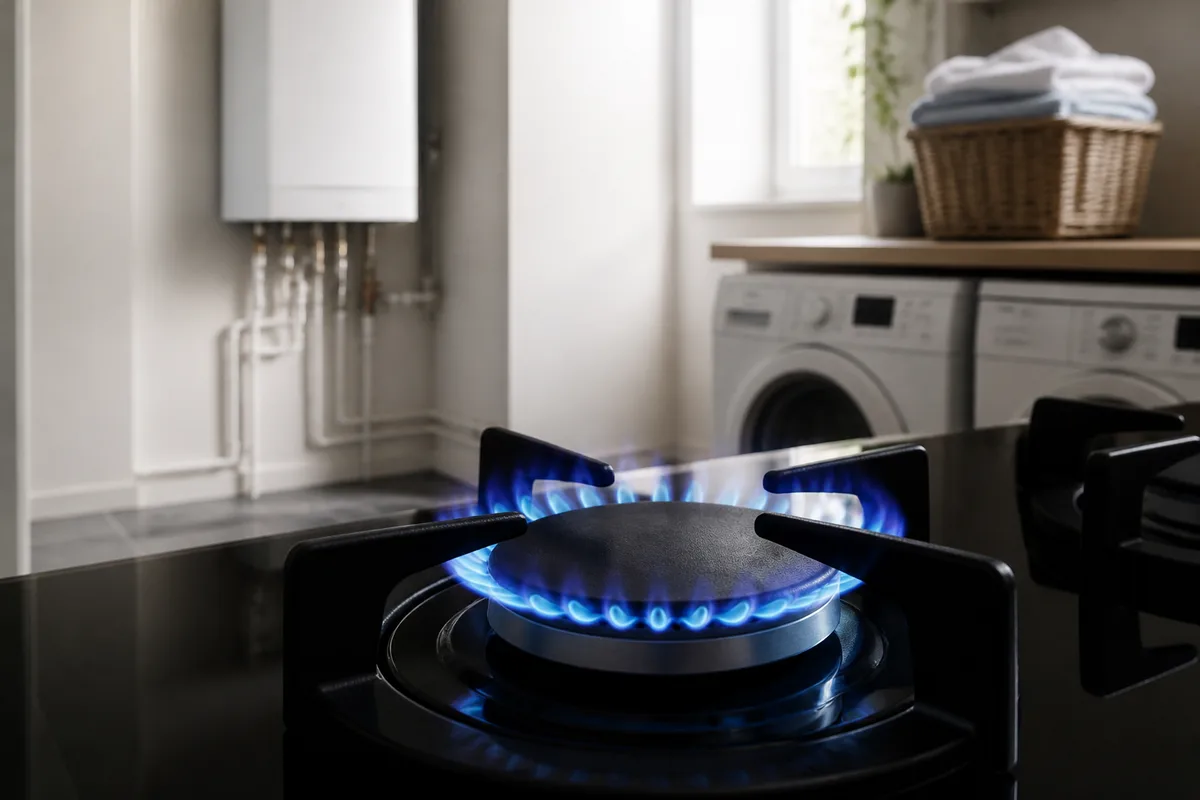 Brûleur de chaudière gaz à condensation vu de près, flamme bleue régulière derrière le hublot de contrôle