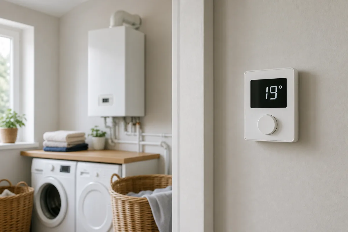 Thermostat mural affichant une température de consigne de 19 degrés