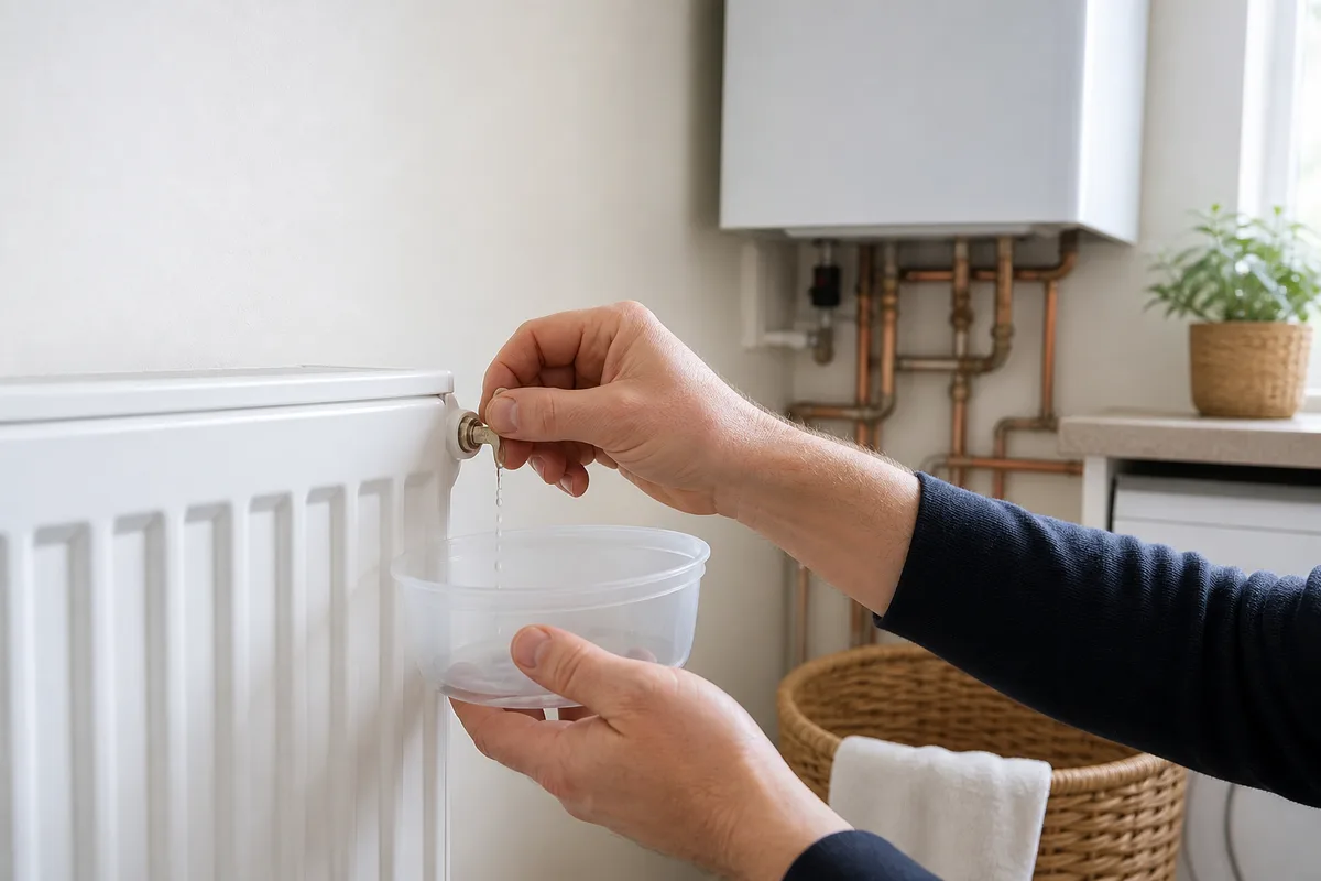 Purge d’un radiateur avec une clé et un récipient de récupération