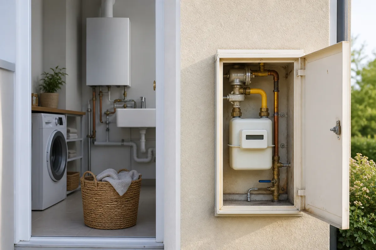 Compteur de gaz domestique installé dans un coffret extérieur